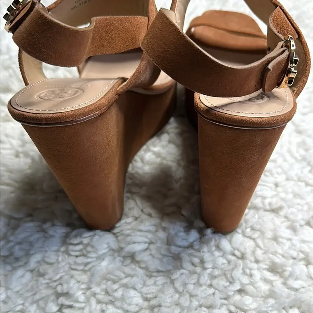 Tory Burch Women's Tan Sandals Suede Wedge Strappy Heels Brown Neutral Classy
